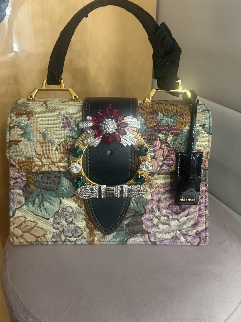MIU MIU FLORAL JACQUARD TAPESTRY JEWELED BUCKLE TOP HANDLE BAG